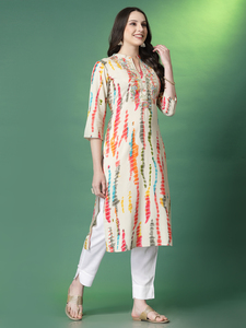 Conjuntos de Kurta Étnicos de Rayón Pesado de Calidad de Exportación India con Estampado Tie-Dye Multicolor, Cuello en V, Mangas Tres Cuartos, Lavables a Máquina para Verano - Product Image 5