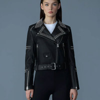 Veste de motard slim en cuir véritable pour femme, cloutée noire avec pointes métalliques, imperméable et respirante, style punk hiver