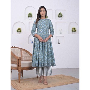 ชุดกูร์ตะอานาร์กาลีสีน้ำเงินทะเล ผ้าฝ้ายเนื้อหนักและผ้าไหมปักลาย ผ้าเน็ตสไตล์ชาติพันธุ์ ชุดปาร์ตี้แบบสัลวาร์ คามีซ ตัดเย็บสำเร็จ - Product Image 1