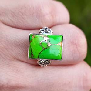 Handmade 925 Sterling Silver <b>Ring</b> with Green Copper <b>Turquoise</b> Gemstone Licensed Private Brand Cushion Style <b>Ring</b> - Product Image 1