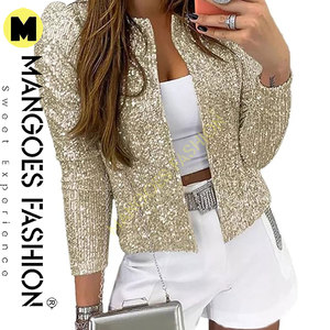 Abrigo de chaqueta con parte delantera abierta de lentejuelas de moda para mujer Chaqueta corta de champán elegante con detalles de lentejuelas brillantes - Product Image 2