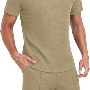 ชุด2ชิ้นเสื้อและกางเกงวาฟเฟิลแบบถักสำหรับผู้ชายชุดวอร์มฤดูร้อนมีกระเป๋า - Product Image 1