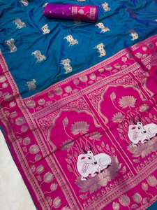 Sari Paithani de Seda Suave, el Más Vendido al por Mayor, con Motivos de Vaca Nandi, Pallu Tejido Enriquecido, Borde de Loto en Contraste, Sari para Bodas - Product Image 3