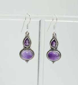 Boucles d'oreilles à crochet en argent sterling 925 avec deux pierres d'améthyste violette, pierre de naissance de février, pour femmes - Product Image 4