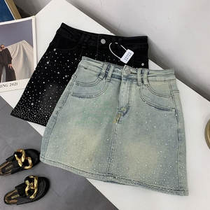 Jupe en jean midi droite vintage à taille naturelle, ornée de strass, respirante, séchage rapide, tendance mode été pour femme - Product Image 3