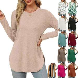Chemise en coton tricoté 100 % pour femme, coupe ample, style basique, manches longues, fente latérale au col, respirante, ajustée, décontractée, avec logo - Product Image 5