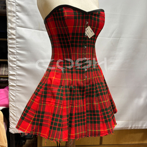 Corsé de acero con varillas, estilo overbust, de tartán rojo, sin tirantes, con falda acampanada - Product Image 3