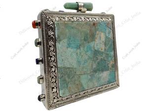 Pochette en mosaïque de pierres précieuses amazonite avec cadre argenté, sac à main de soirée de luxe pour femmes, design en incrustation de pierres naturelles - Product Image 3