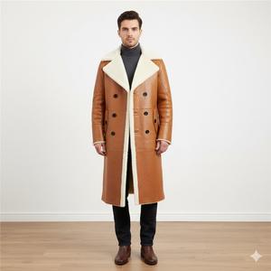 Manteau d'hiver pour homme en cuir d'agneau véritable, épais et long, style vintage, imperméable, avec logo sur le devant - Product Image 1