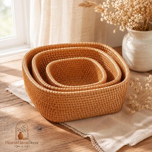 Set Of 3 Rattan <b>Basket</b> <b>Tray</b> - Round Top Square Handmade Storage <b>Baskets</b> Natural Rattan Modern Multifunction Made in Viet Nam - Product Image 4