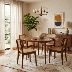 Chaise de salle à manger moderne en rotin naturel et bois massif, avec cadre en teck artisanal et dossier en cannage, pour cuisine et café - Product Image 3