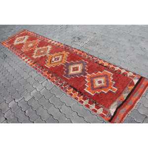 Vintage <b>Runner</b> Rug 2.6x11.6 ft, <b>Red</b> Solid Turkish Wool Rug - Product Image 2