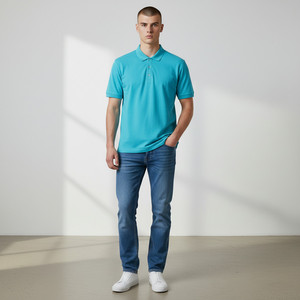Men's <b>Turquoise</b> Short Sleeve Polo <b>Shirt</b> Cotton Oxford Fabric Casual Style Regular Fit Solid Color Breathable Woven Design - Product Image 1
