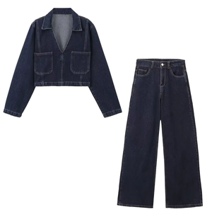 Autumn <b>Women's</b> Fashion Casual Solid Collar <b>Long</b> Sleeve Short <b>Denim</b> <b>Shirt</b> Above Knee High Waist Wide Leg Jeans Set - Product Image 4