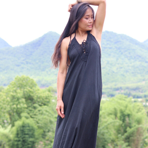 Holiday Women's 100% Cotton Summer Maxi Sexy Backless <b>Button</b> Decoration V-Neck Plain <b>Black</b> Dye Floor-Length for Autumn Season - Product Image 1