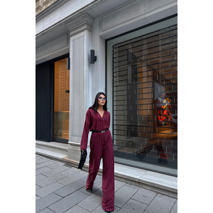 Ensemble chemisier et pantalon rayés bordeaux pour femme - Product Image 5