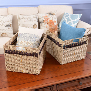 Paniers de rangement carrés en osier naturel en jonc de mer Boîte en rotin cubique Organisateur de bureau avec poignées Décoration de la maison - Product Image 5