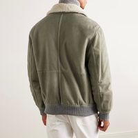 Veste bomber en daim et peau de mouton pour homme, sur mesure, en cuir vert olive, avec col et ourlet en tricot côtelé