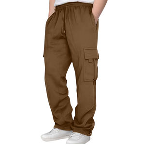 Pantalon de survêtement de course de gymnastique taille moyenne couleur marron pantalon de sport de sport uni élastique en plein air avec poche - Product Image 1