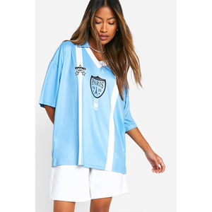 Top de fútbol con cuello de eslogan de París para mujer, camisetas de gran tamaño, sublimación transpirable, hecho en Pakistán - Product Image 1