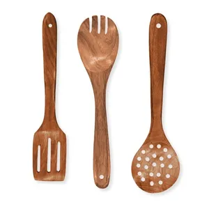 Acacia Natural Wood Kitchen Utensils <b>Set</b> Nonstick Cookware Safe <b>Wooden</b> Spatula Slotted <b>Spoon</b> Serving <b>Spoon</b> Eco-Friendly Durable - Product Image 3