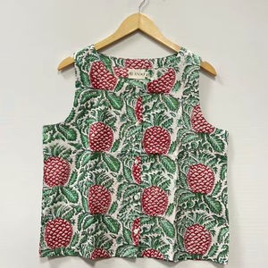 Tops courts décontractés à manches courtes pour femmes, style japonais, imprimé floral traditionnel indien, en coton écologique, col en V, boutonné - Product Image 1