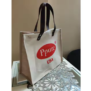 Trendy Eco Juco and <b>Canvas</b> Blend <b>Tote</b> with Leather Accent Custom Screen Printed Folding Design Cotton Straps for Shopping - Product Image 1