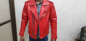 Warm Comfortable Coated Polyester Fiber Leather Fabric Single <b>Button</b> Men's Streetwear Bomber Jacket for Winter Wear Red - Product Image 2