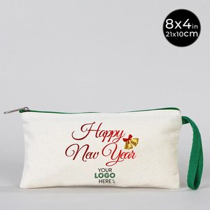 Trousse à crayons Happy New Year avec motif festif, 8 x 4 (21 x 10 cm), sac en coton vert avec fermeture éclair - Product Image 1