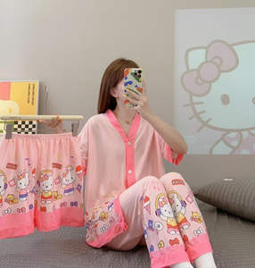 Nueva Llegada de Dibujos Animados Impreso Mujeres Pijamas Conjuntos 3 Piezas Tamaño Libre Algodón Ropa de Dormir Encantadora Ropa de Dormir para Mujeres - Product Image 5