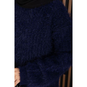 Suéter Azul Marino de Punto Texturizado Suave para Mujer, Transpirable, Estilo Casual de Invierno, con Estampado de Dibujos Animados Bordados - Product Image 6