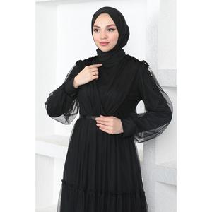 Vestido de Noche Largo de Tul con Encaje Detallado, Talla XS, Vestido de Gala con Decoración en Capas, Largo hasta el Suelo, para Banquetes y Fiestas - Product Image 2