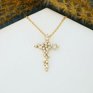 Luxurious Yellow Gold <b>Cross</b> <b>Pendant</b> <b>Necklace</b> Exquisite Baguette Round Diamond Cluster Design - Product Image 2