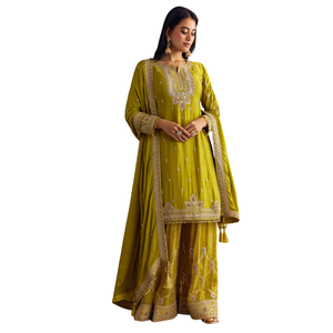 Mehendi verde Bandhani Palazzo Kurta conjunto con Zari y espejo de trabajo al por mayor mujeres Ropa Étnica OEM proveedor de fábrica de ropa - Product Image 2