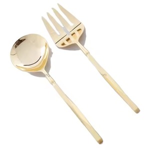 <b>Gold</b> Plated <b>Serving</b> Set Stainless Steel Cutlery Salad Server Fork and <b>Spoon</b> Set - Product Image 1