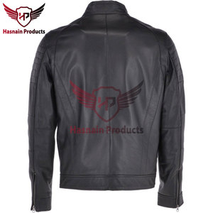 <b>Mens</b> Real <b>Black</b> Leather Biker Jacket Stand Collar Quilted Sleeve Sheepskin Coat Zip Front Pockets Slim Tailored Custom Outwear - Product Image 3