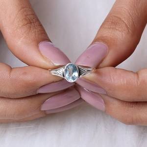 แหวน925สีเงินแท้สีฟ้าบุษราคัมสีฟ้าตัดด้วยเพชรกรอบการตั้งค่าเครื่องประดับสำหรับสาวๆปาร์ตี้ - Product Image 3