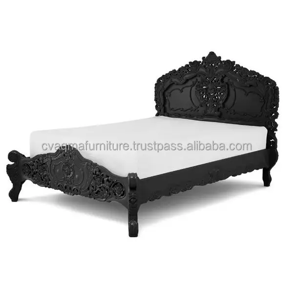 Tempat tidur Rococo kayu Solid dengan ukiran furnitur warna hitam