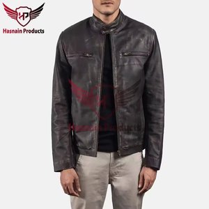 <b>Mens</b> Real <b>Brown</b> <b>Leather</b> <b>Jacket</b> Distressed Stand Collar Zip Chest Pockets Sheepskin Biker Coat Custom Vintage Winter Outerwear - Product Image 2