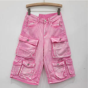กางเกงยีนส์ขาสั้นผ้าฝ้ายสำหรับผู้ชายกางเกงขาบานแบบย้อนยุคขากว้างสีชมพูคุณภาพสูง2025 - Product Image 2