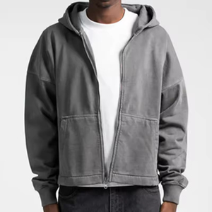 Sudadera con capucha lavada con ácido Vintage para hombre al por mayor | Cremallera de cara completa gris liso | Sudaderas con capucha OEM ODM bordadas personalizadas - Product Image 2