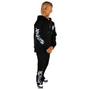 Tendance enfants noir empilé survêtements ensembles coton enfants sweats à capuche + pantalons empilés ensemble enfants évasés survêtements ensembles garçons vêtements - Product Image 2