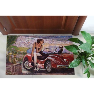Alfombra Moderna con Estampado de Mujer con Auto Rojo, Alfombra de Chenilla - Product Image 1