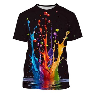 Ropa de calle de verano para hombre, camisetas informales de gran tamaño con cuello redondo, camisetas de manga corta con estampado 3D, 100% algodón, moda colorida Splash - Product Image 3