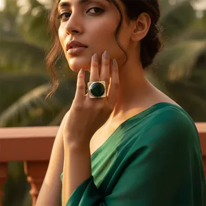 925 <b>Silver</b> Statement <b>Ring</b> for Women Handmade Geometric Design with <b>Emerald</b> Cut Topaz and Morganite Green Onyx Inlay Setting - Product Image 2