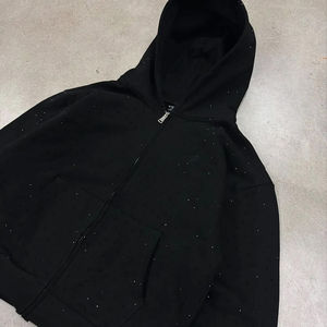 Vente en gros Fabricants de survêtements Sweat à capuche zippé et jogging surdimensionnés brodés noirs Ensemble deux pièces Survêtements en strass - Product Image 4