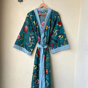 Robe kimono en coton, imprimé floral bohème, vêtement de nuit d'été, robe en coton pur, col en V, longueur genou, robe de demoiselle d'honneur écologique, kimono - Product Image 1