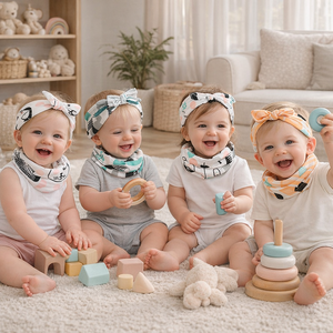 Ensemble de foulard carré et de bandeau pour bébé <span class=keywords><strong>en</strong></span> coton <span class=keywords><strong>en</strong></span> gros, motif de dessin animé respirant pour le printemps, accessoires pour <span class=keywords><strong>nouveau</strong></span>-nés - Product Image 1