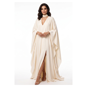 Robe de soirée kaftan beige en satin tissé, une pièce, avec décolleté en V et détail sur la poitrine - Product Image 6