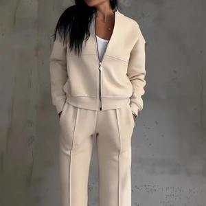 Sudadera de mujer personalizada al por mayor conjunto de 2 piezas de forro polar de algodón chándal con capucha y cremallera para mujer - Product Image 2